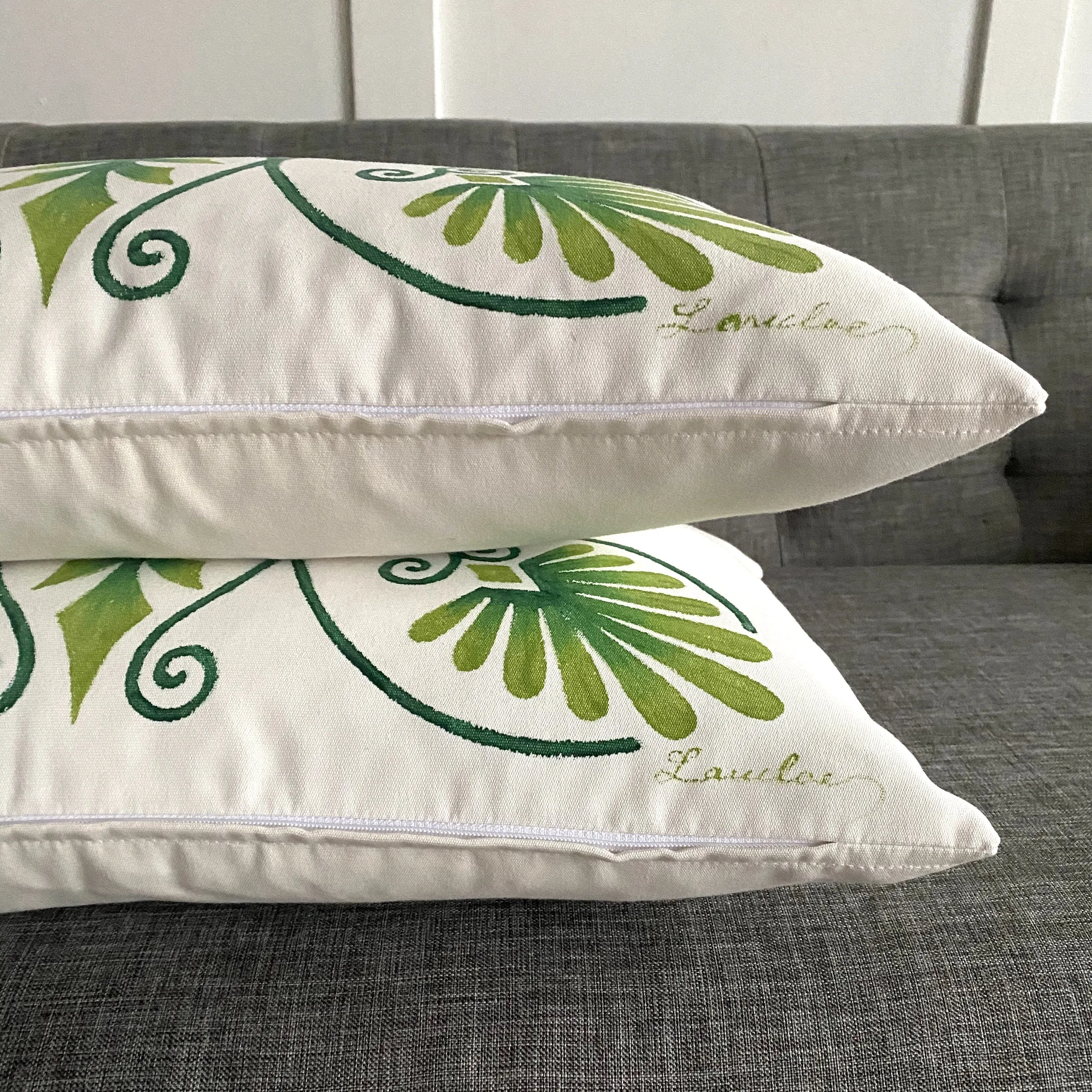 Eclectic Hand-Painted Green Lumbar Pillow Cover 13x22