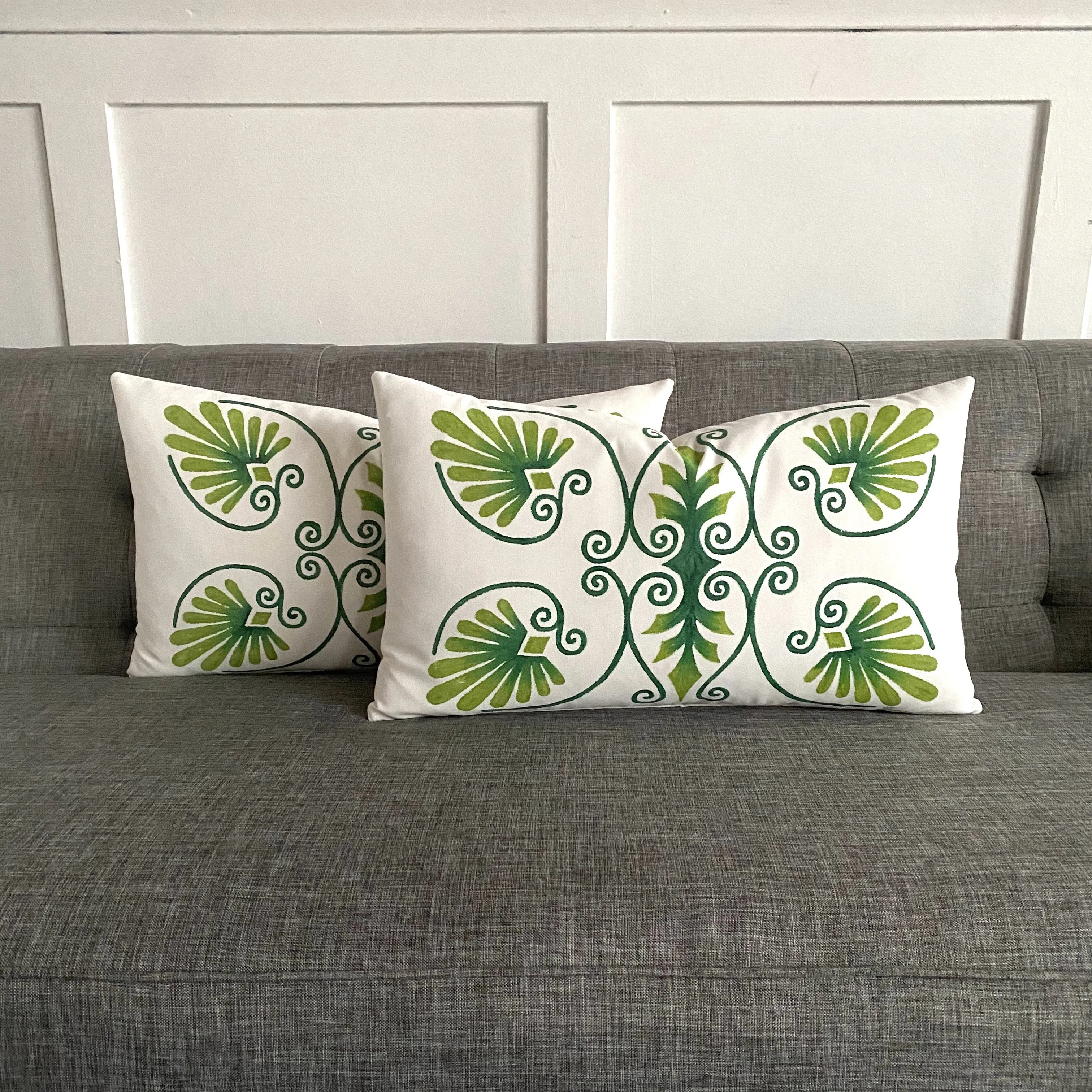 Eclectic Hand-Painted Green Lumbar Pillow Cover 13x22