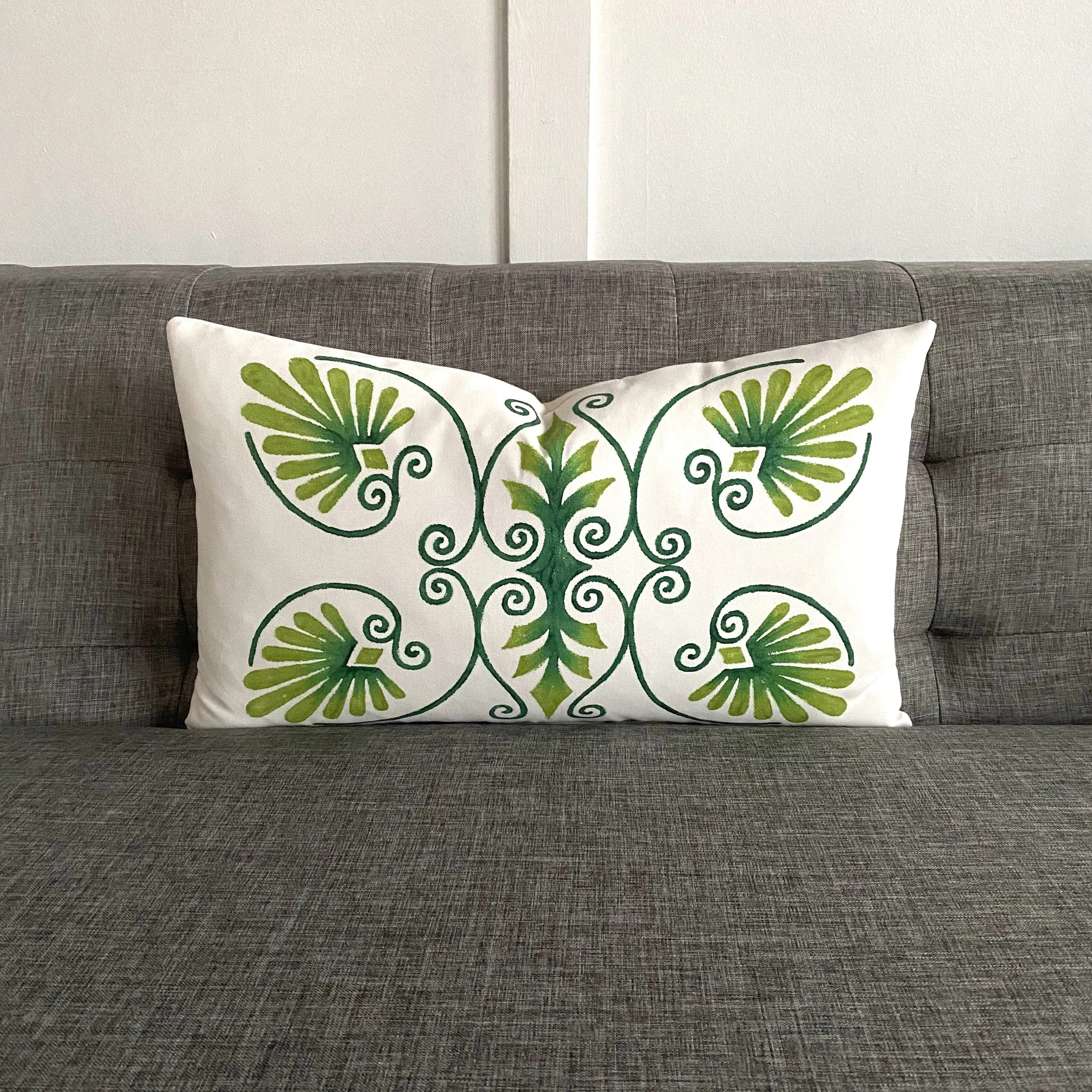 Eclectic Hand-Painted Green Lumbar Pillow Cover 13x22