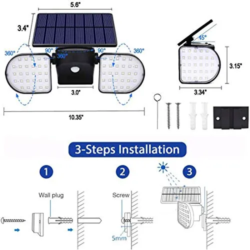 Fitybow Solar Lights Outdoor, 56 LED Solar Light Outdoor with Motion Sensor Security Lights Solar Powered Wall Lights Spotlights Waterproof 360-Degree Adjustable for Wall Patio Porch (1Pack)