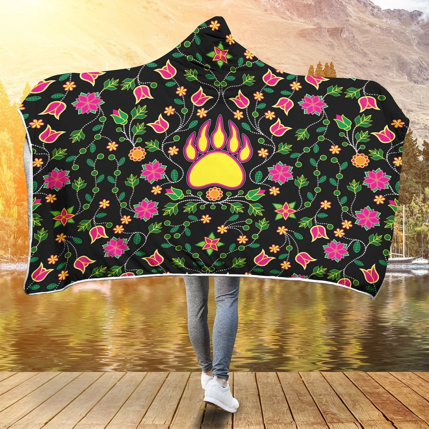 Floral Bearpaw Pink and Yellow Hooded Blanket