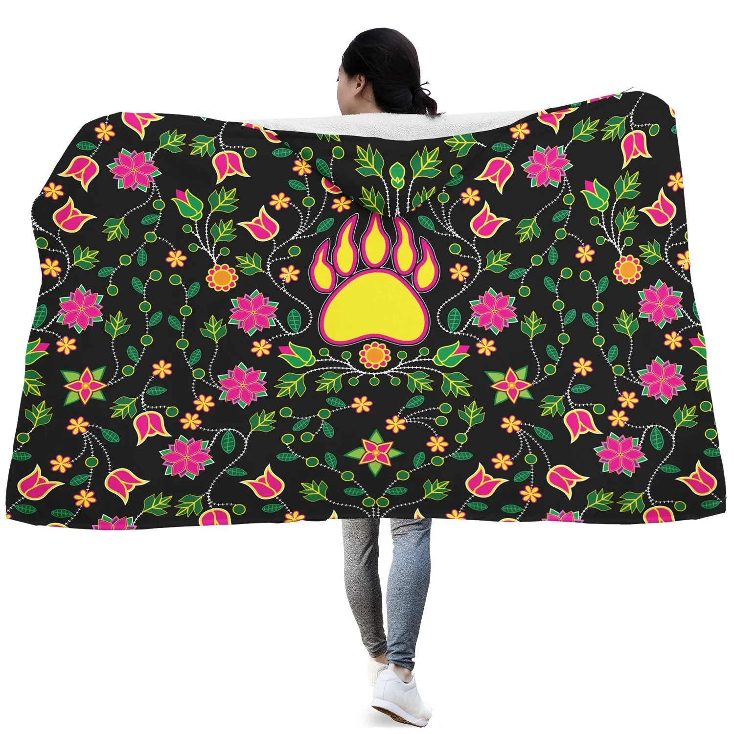 Floral Bearpaw Pink and Yellow Hooded Blanket