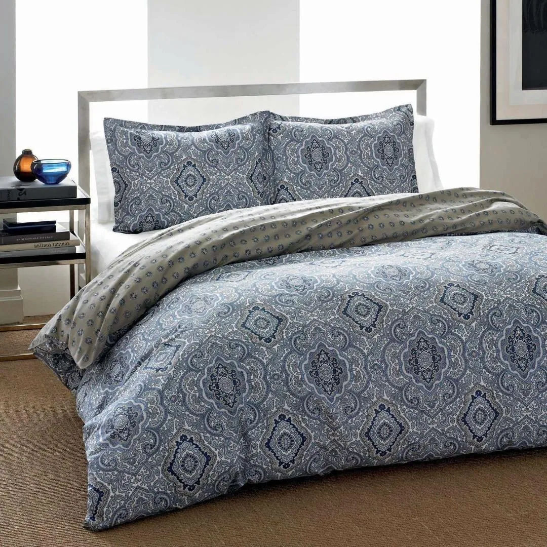 Full - Queen Cotton Comforter Set with Grey Blue Damask Pattern