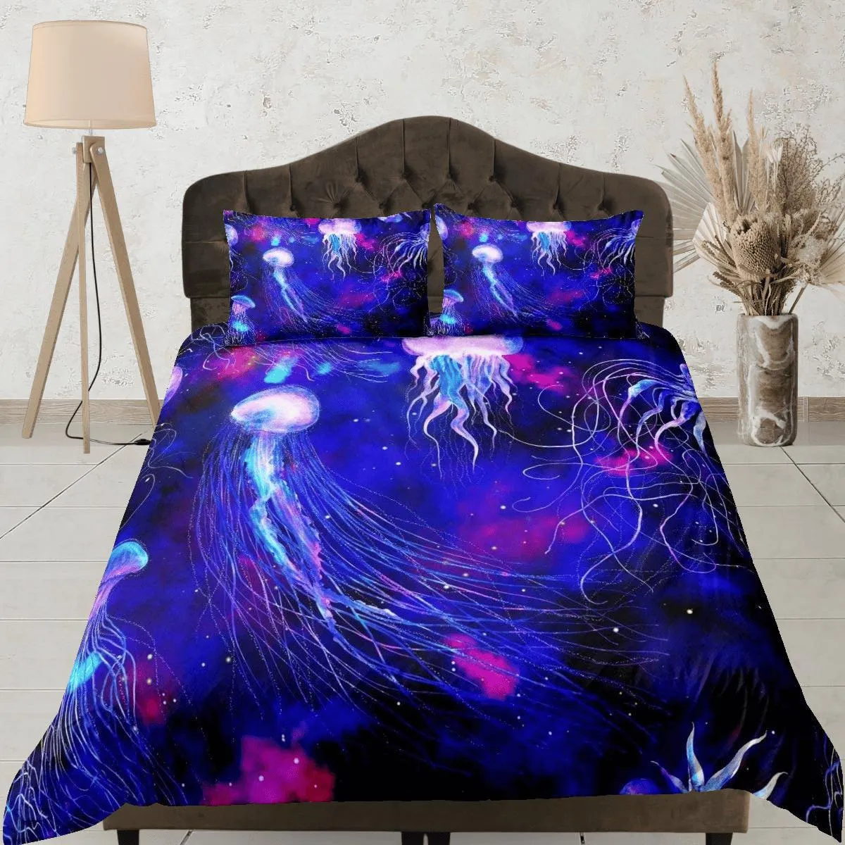 Galaxy jellyfish bedding purple duvet cover, ocean blush sea animal bedding set full king queen twin crib toddler, college dorm bedding gift