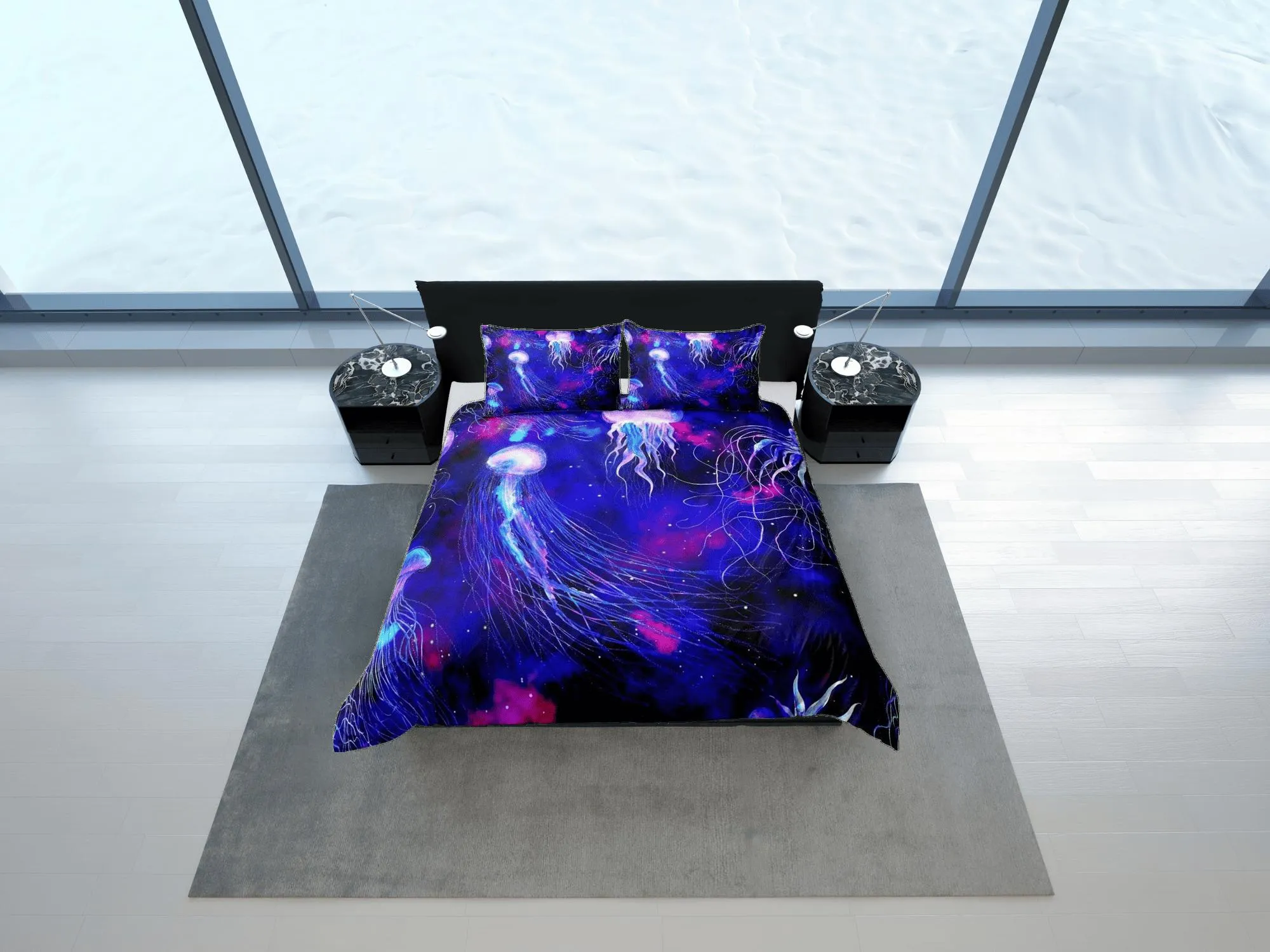 Galaxy jellyfish bedding purple duvet cover, ocean blush sea animal bedding set full king queen twin crib toddler, college dorm bedding gift