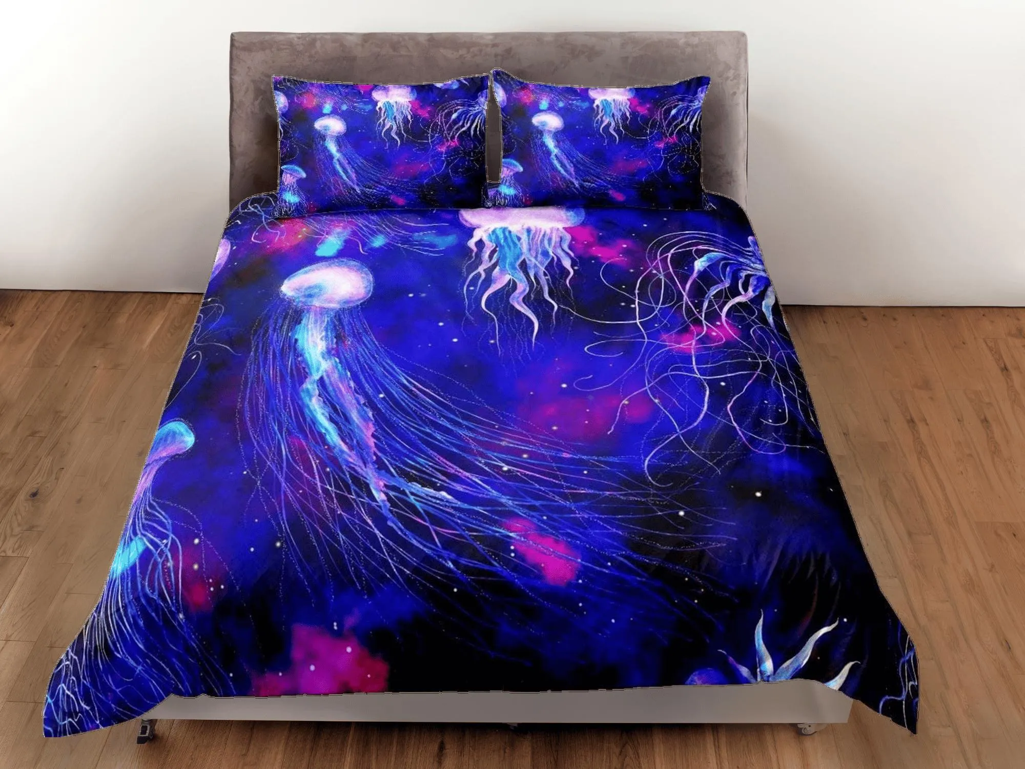 Galaxy jellyfish bedding purple duvet cover, ocean blush sea animal bedding set full king queen twin crib toddler, college dorm bedding gift