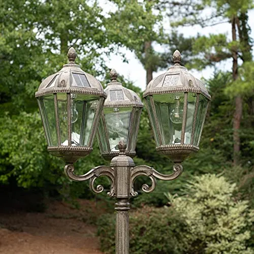 Gama Sonic Royal Bulb Solar Lamp Post Light Kit, 89 inch Tall, Outdoor Triple Head Weathered Bronze Cast Aluminum and Clear Beveled Glass Post Lamp, Light Pole, and Warm White Light 2700K (98B303)