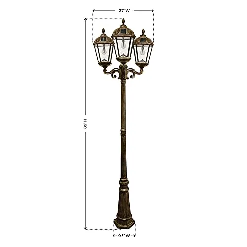 Gama Sonic Royal Bulb Solar Lamp Post Light Kit, 89 inch Tall, Outdoor Triple Head Weathered Bronze Cast Aluminum and Clear Beveled Glass Post Lamp, Light Pole, and Warm White Light 2700K (98B303)