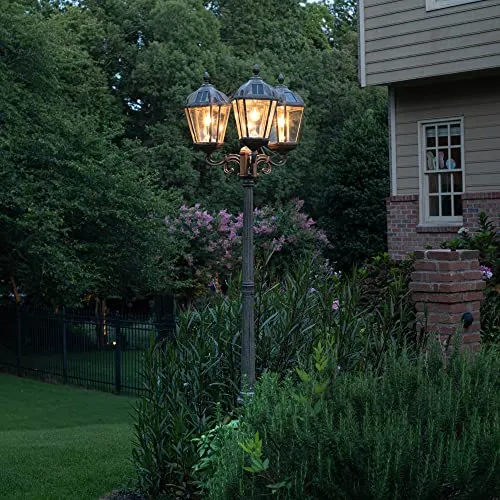 Gama Sonic Royal Bulb Solar Lamp Post Light Kit, 89 inch Tall, Outdoor Triple Head Weathered Bronze Cast Aluminum and Clear Beveled Glass Post Lamp, Light Pole, and Warm White Light 2700K (98B303)