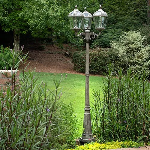 Gama Sonic Royal Bulb Solar Lamp Post Light Kit, 89 inch Tall, Outdoor Triple Head Weathered Bronze Cast Aluminum and Clear Beveled Glass Post Lamp, Light Pole, and Warm White Light 2700K (98B303)