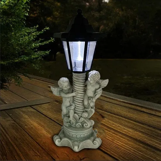 Garden Outdoor Landscape Solar Lighting Cherub Angel Garden Statue with Roman Pillar