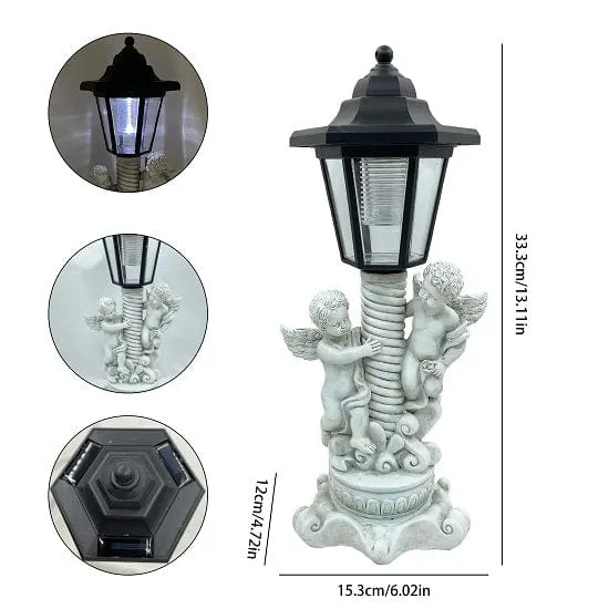 Garden Outdoor Landscape Solar Lighting Cherub Angel Garden Statue with Roman Pillar