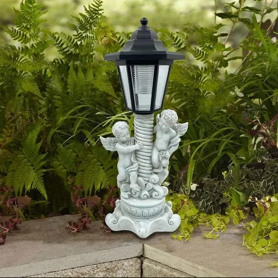 Garden Outdoor Landscape Solar Lighting Cherub Angel Garden Statue with Roman Pillar