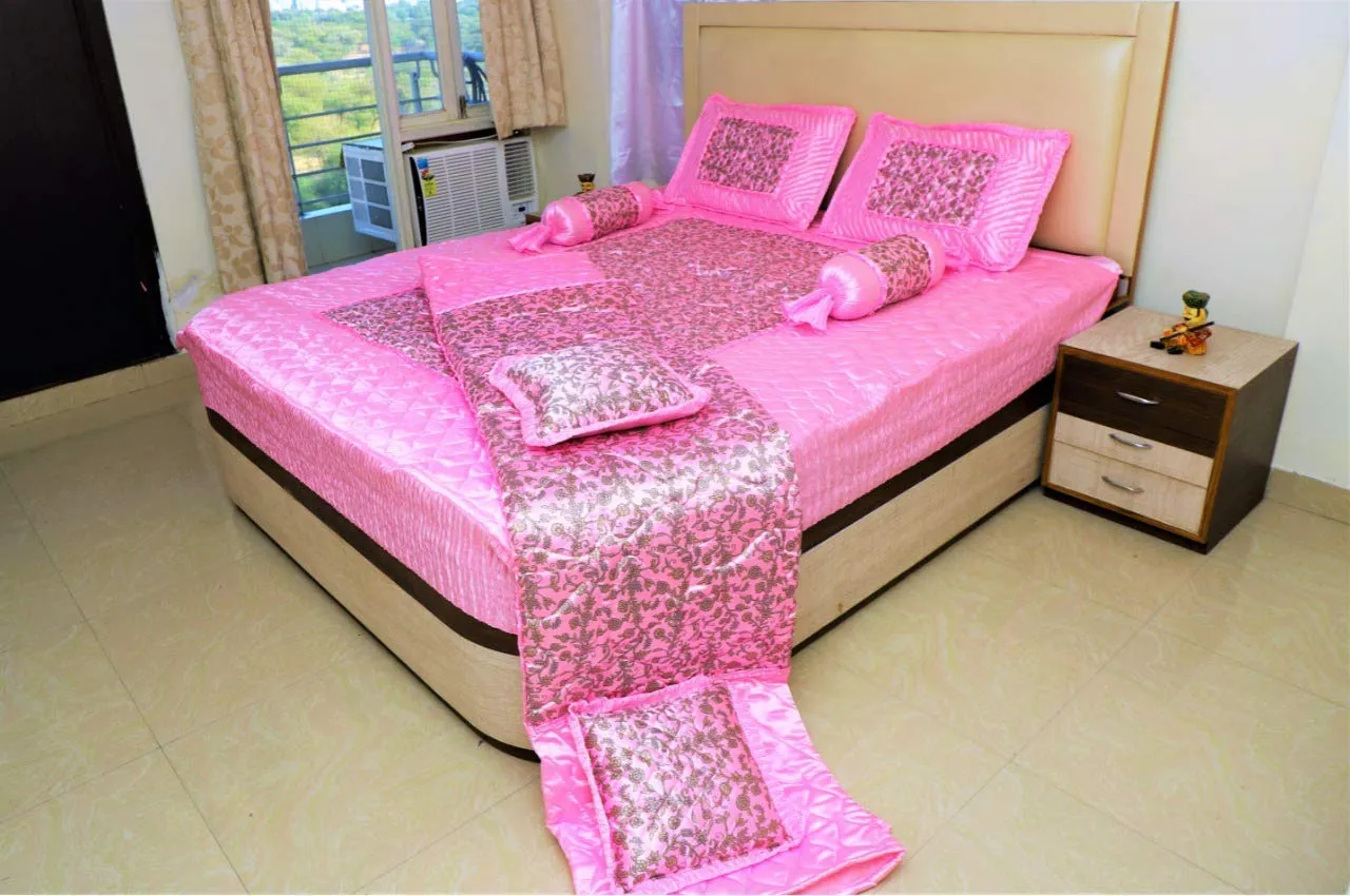 Generic Silk Luxury Gold Printed King Size Double Bed ???Bedding Wedding Bedsheet Set with 2 Pillow Cover, 2 Cushions, 2 Filled Bolsters & 1 AC Comfortar for Home & Living Room (Pink)