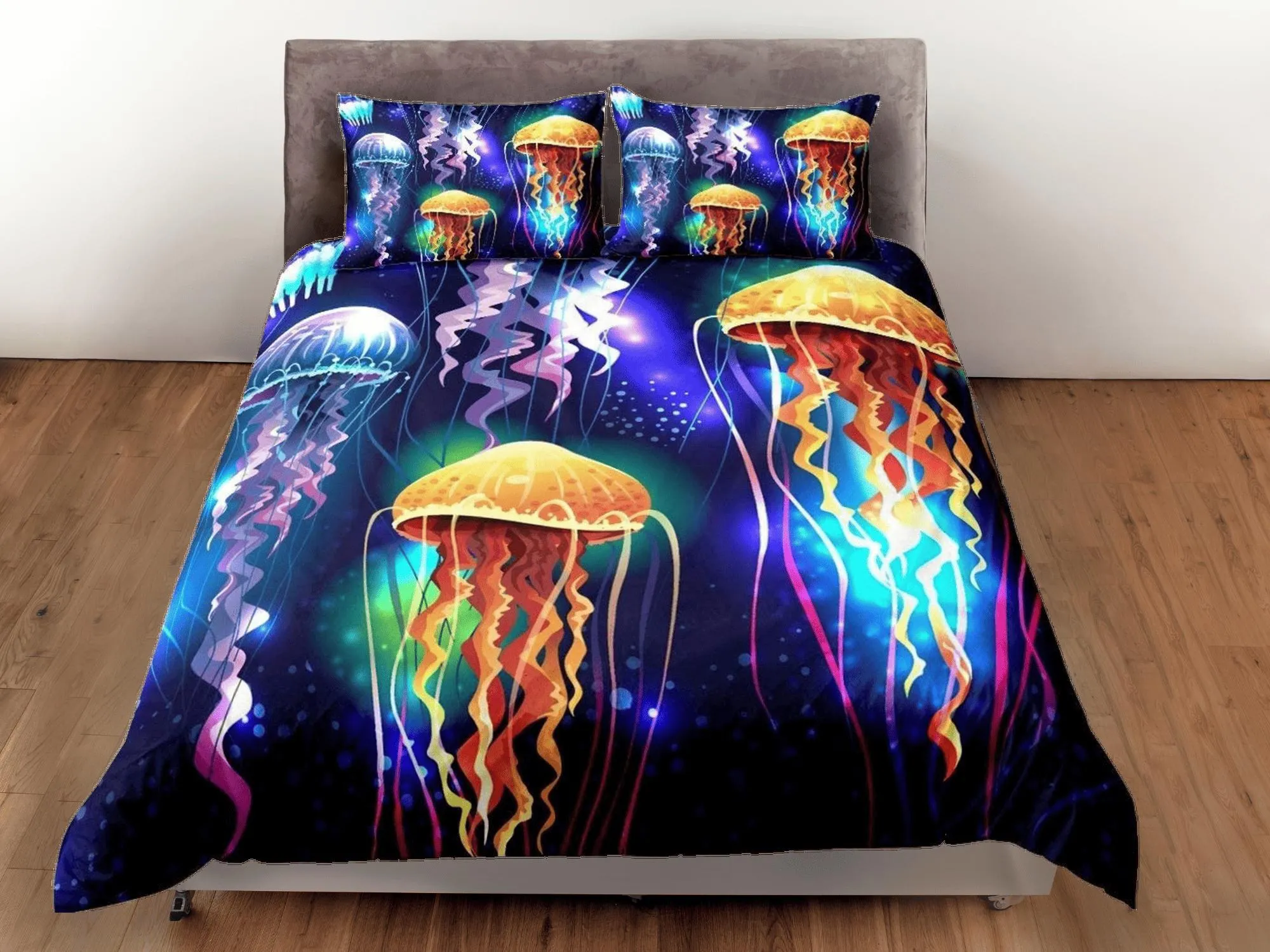 Glowing jellyfish bedding dark purple duvet cover, ocean blush sea animal bedding set full king queen twin crib toddler, dorm bedding gift