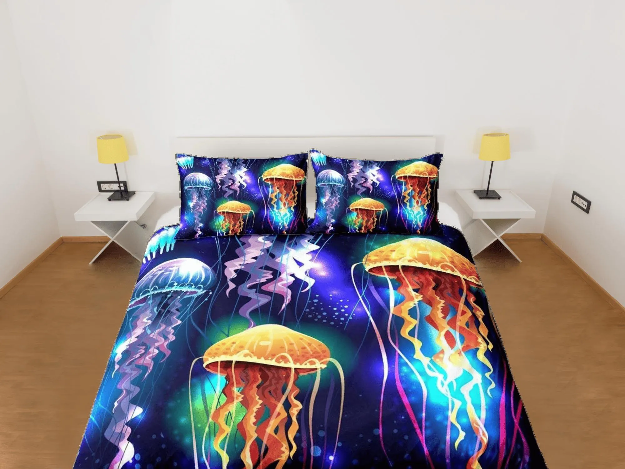 Glowing jellyfish bedding dark purple duvet cover, ocean blush sea animal bedding set full king queen twin crib toddler, dorm bedding gift