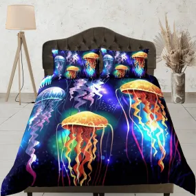 Glowing jellyfish bedding dark purple duvet cover, ocean blush sea animal bedding set full king queen twin crib toddler, dorm bedding gift