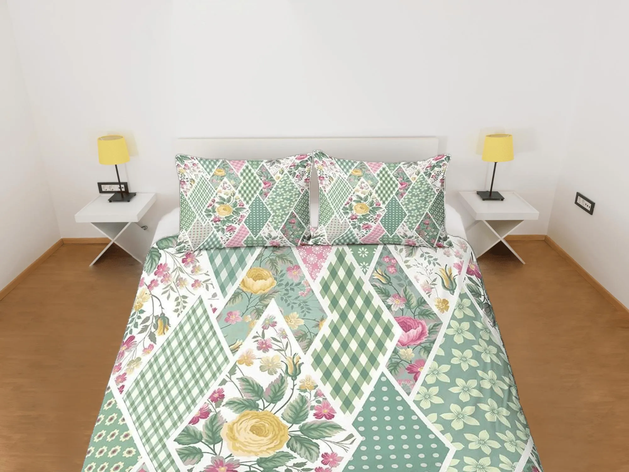 Green floral patchwork quilt printed duvet cover set, aesthetic room decor bedding set full, king, queen size, boho bedspread shabby chic