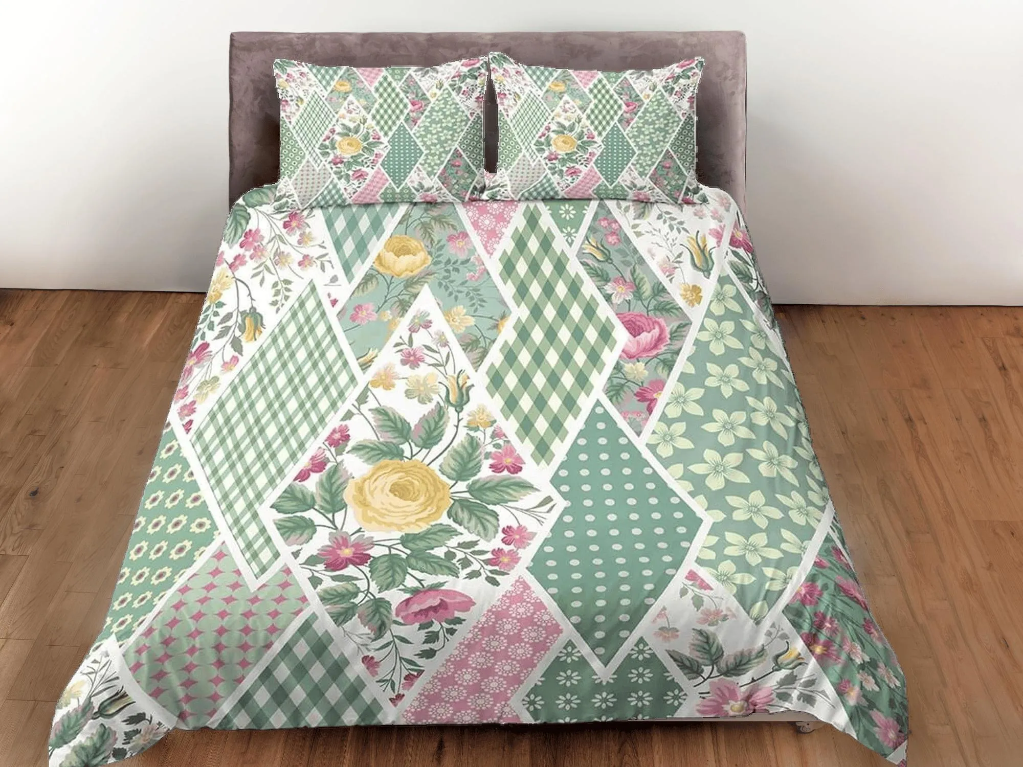 Green floral patchwork quilt printed duvet cover set, aesthetic room decor bedding set full, king, queen size, boho bedspread shabby chic