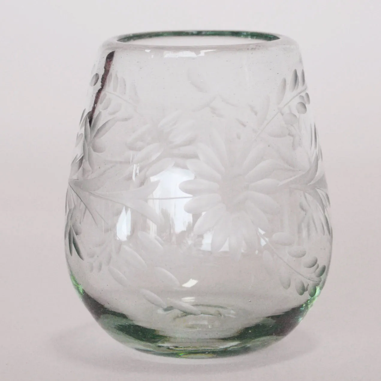 Hand Blown and Etched Glass - Stemless Wine Glass