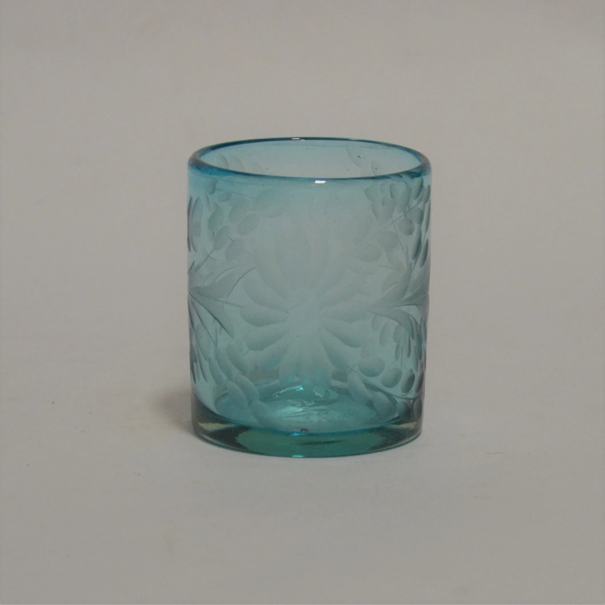 Hand Blown and Etched Turquoise Glass - Old-Fashioned Glass