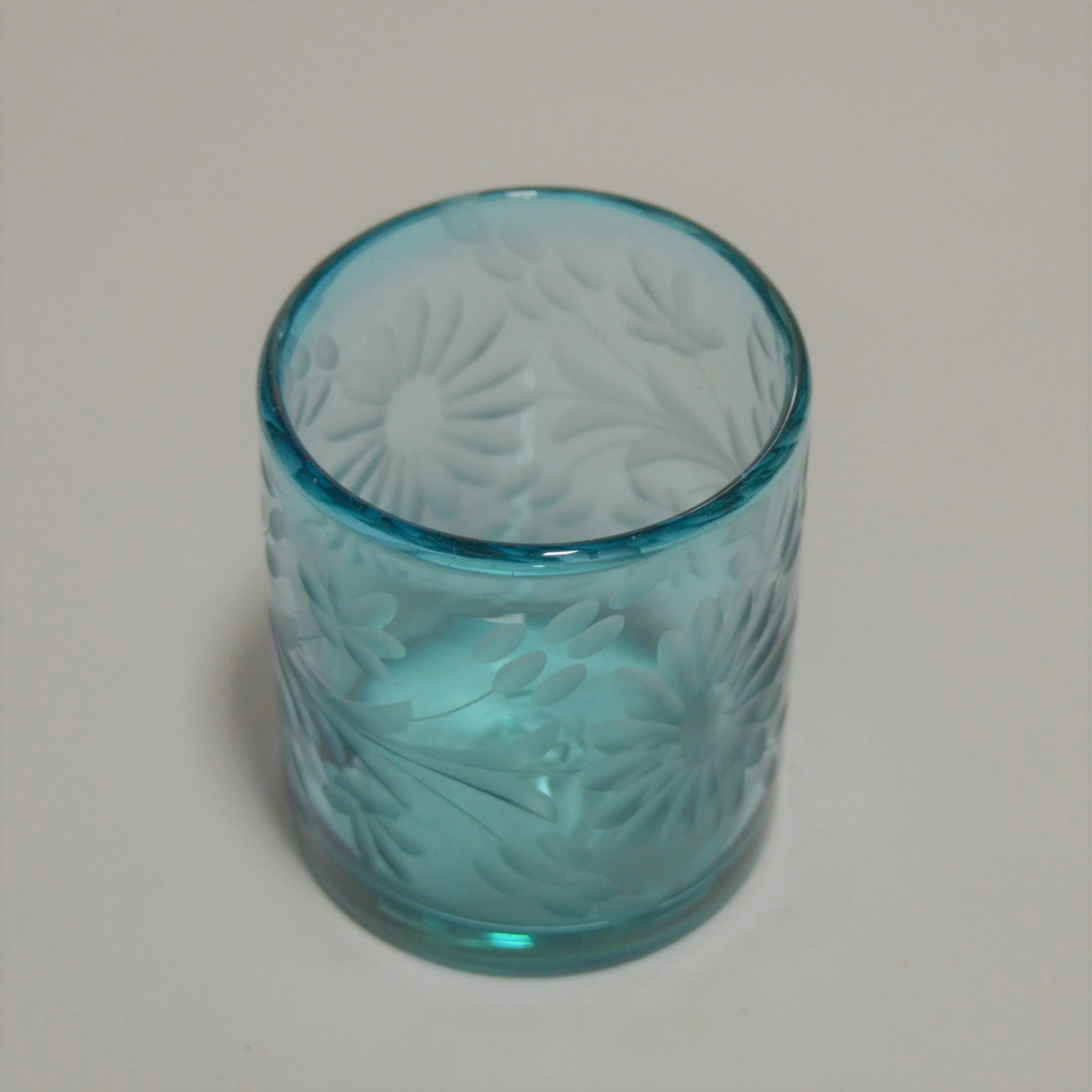 Hand Blown and Etched Turquoise Glass - Old-Fashioned Glass