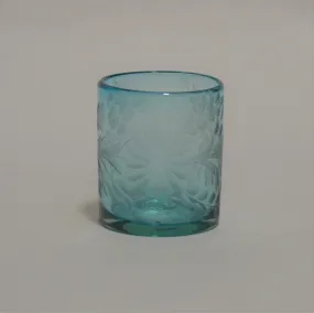 Hand Blown and Etched Turquoise Glass - Old-Fashioned Glass