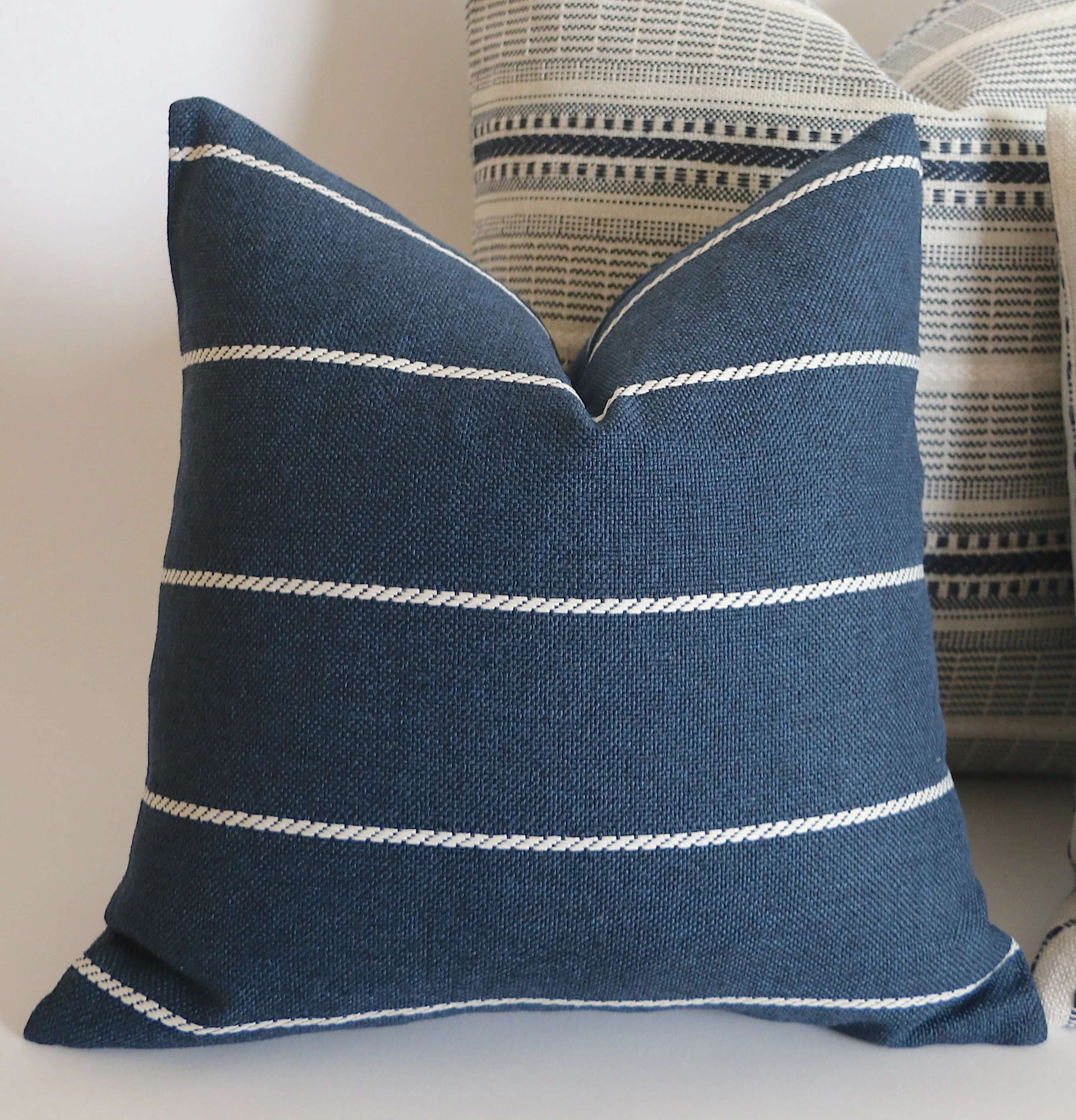 Indigo Farmhouse Navy Pillow Cover / Vintage Style Pillow Cover / Striped Performance Pillow Cover