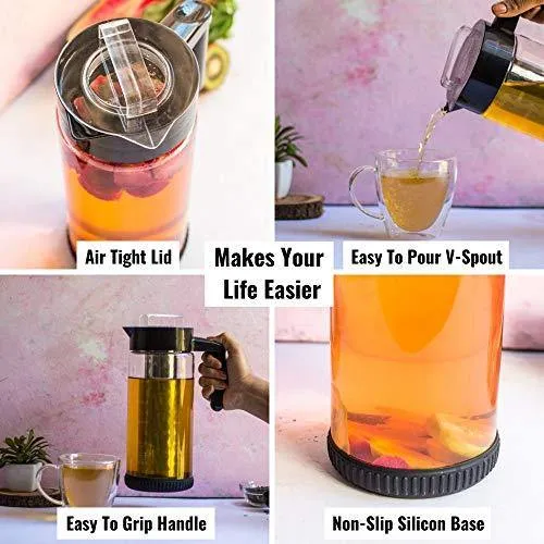 InstaCuppa Borosilicate Glass Infuser Water Pitcher 1300 ML, Idle for Cold Brew Coffee, Fruit Infusion and Iced Tea Pot, Includes Steel & Mesh Infusion Units, Protective Sleeve, Recipes eBook