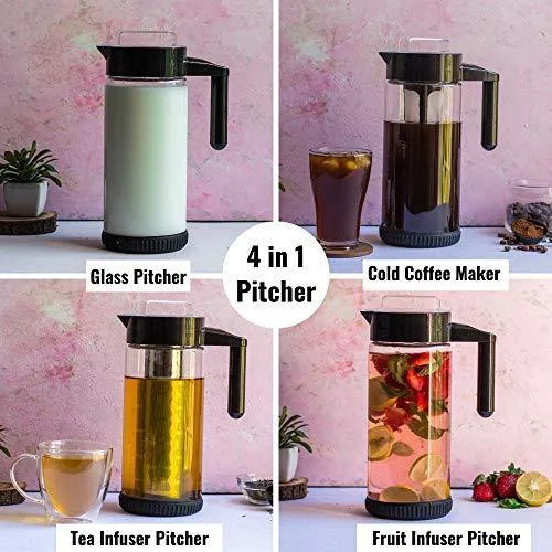 InstaCuppa Borosilicate Glass Infuser Water Pitcher 1300 ML, Idle for Cold Brew Coffee, Fruit Infusion and Iced Tea Pot, Includes Steel & Mesh Infusion Units, Protective Sleeve, Recipes eBook