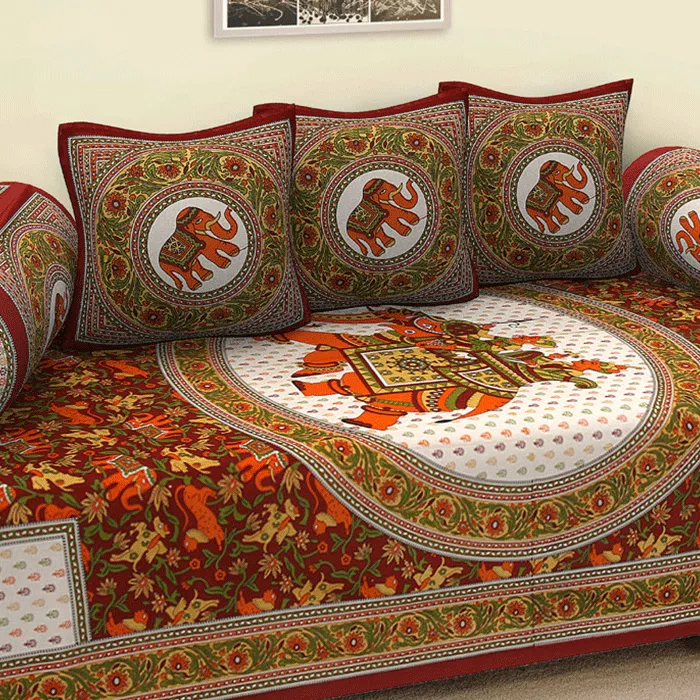 Jaipuri Design Single Bedsheet ( 100% cotton, 6pc set, Diwan set )