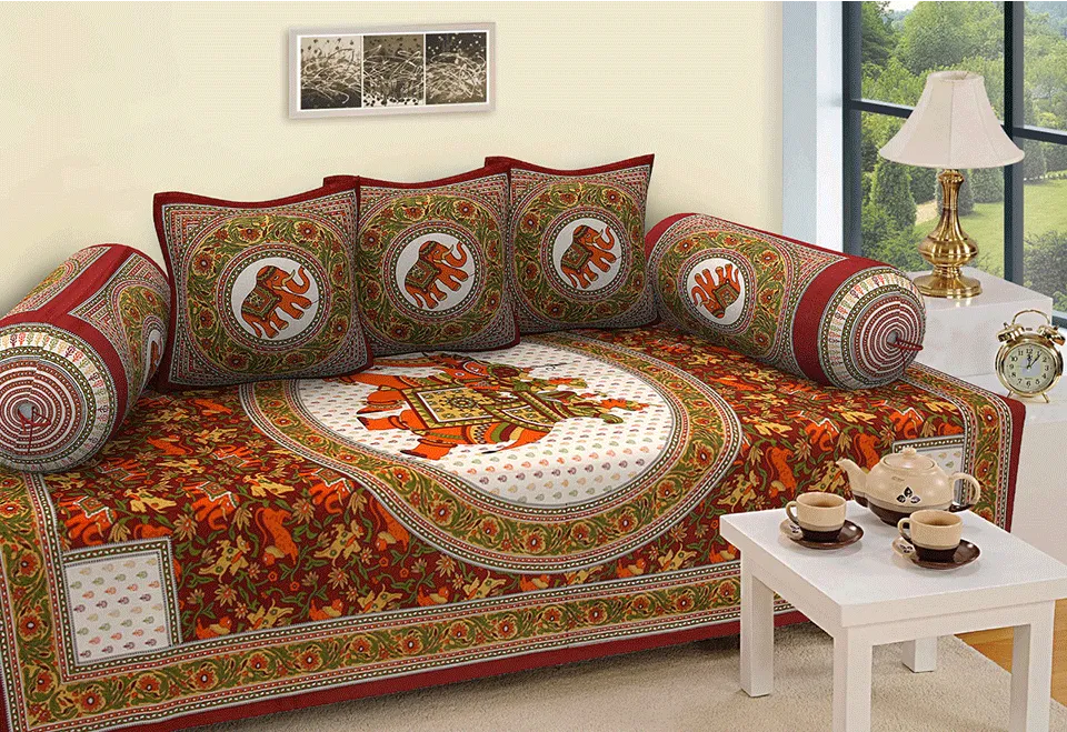 Jaipuri Design Single Bedsheet ( 100% cotton, 6pc set, Diwan set )