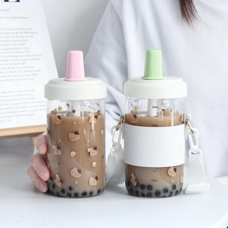 Kawaii Boba Milk Kittea To-Go Glass Cups - 500 ml