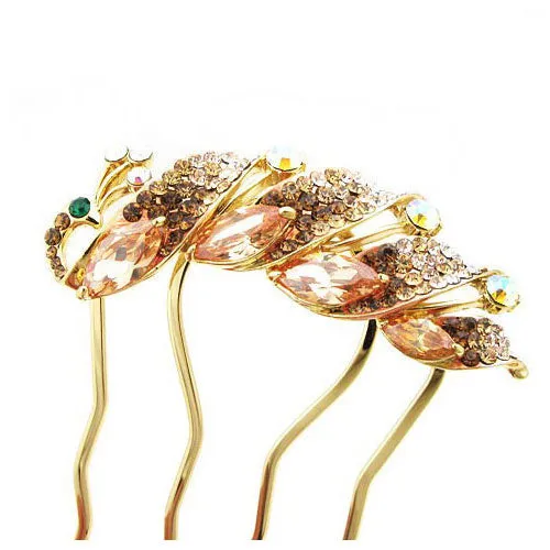 LUX Swarovski Rhinestone & Zircon Champagne Peacock French Twist Comb