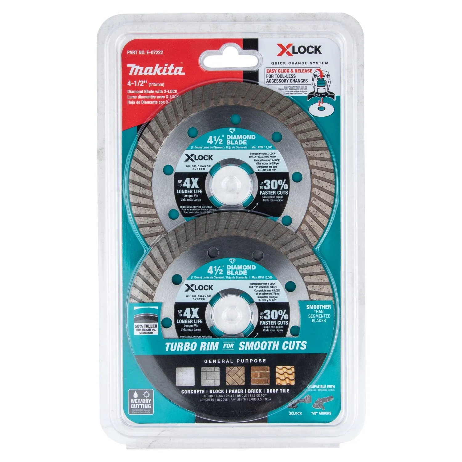 Makita (E-07222) X-LOCK 4-1/2" Turbo Rim Diamond Blade for Masonry Cutting, 2/pk