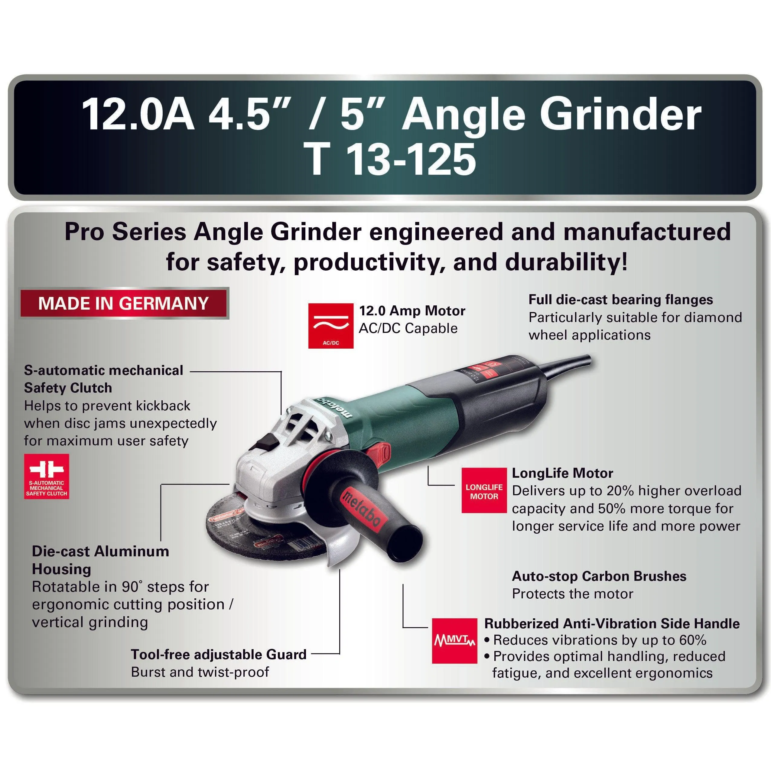 Metabo T 13-125 4.5"-5" Angle Grinder w/ Lock-On, 12 Amps - 600431420