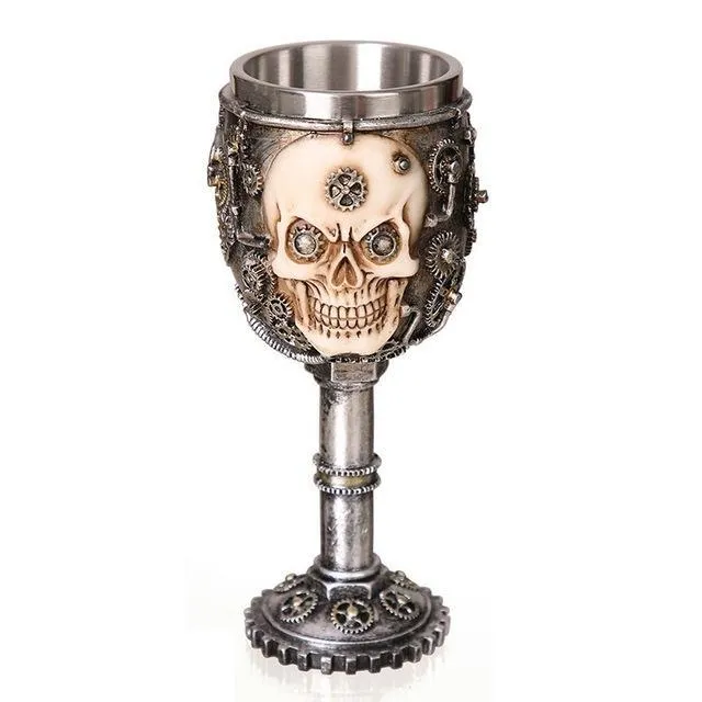 Metal Steampunk Skull Stemmed Chalice Mug with Cogs