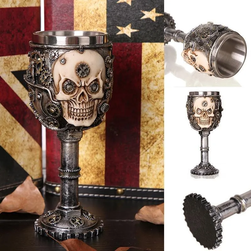 Metal Steampunk Skull Stemmed Chalice Mug with Cogs