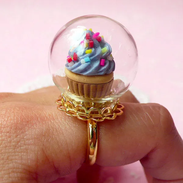 Miniature Terrarium Ring / Clear Glass Globe / Glass Bottle / Glass Bubble / Glass Dome (24mm) with Gold Lace Adjustable Ring (1 Set) F046