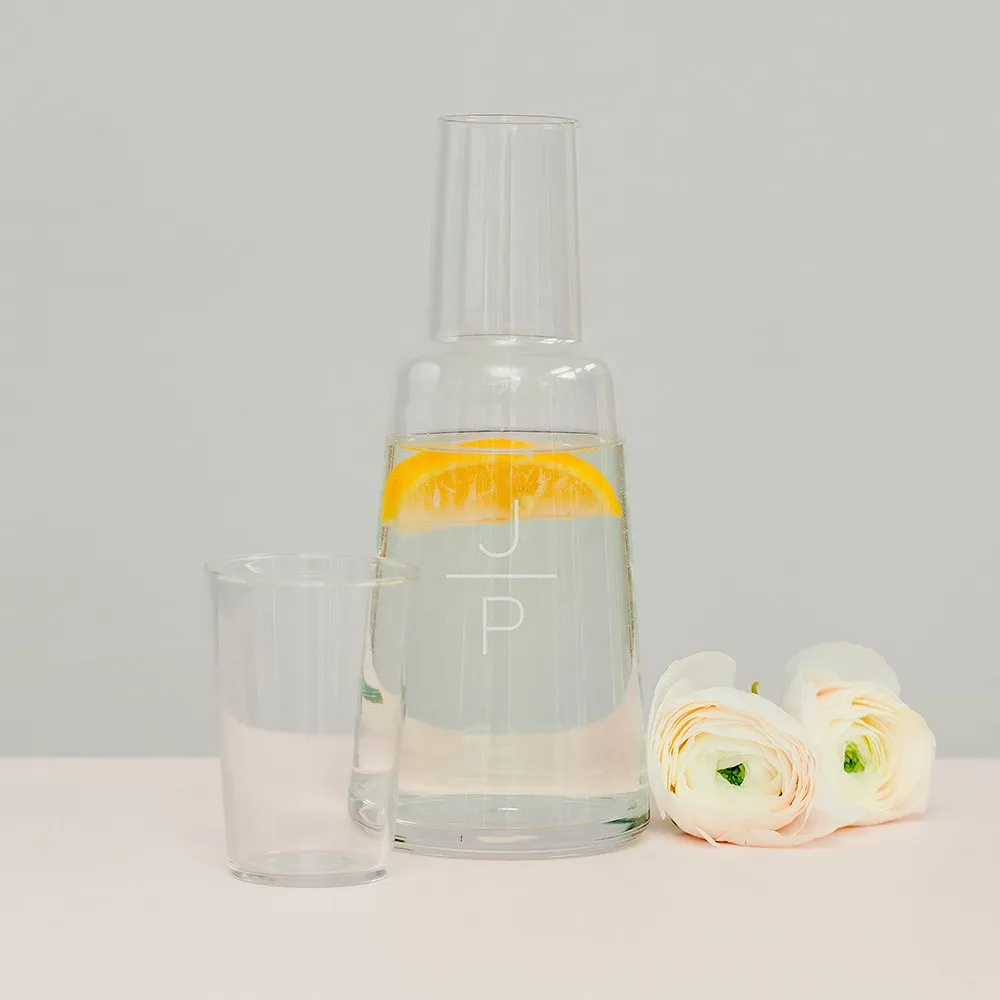 MONOGRAM ENGRAVED BEDSIDE WATER CARAFE AND GLASS SET - STACKED MONOGRAM