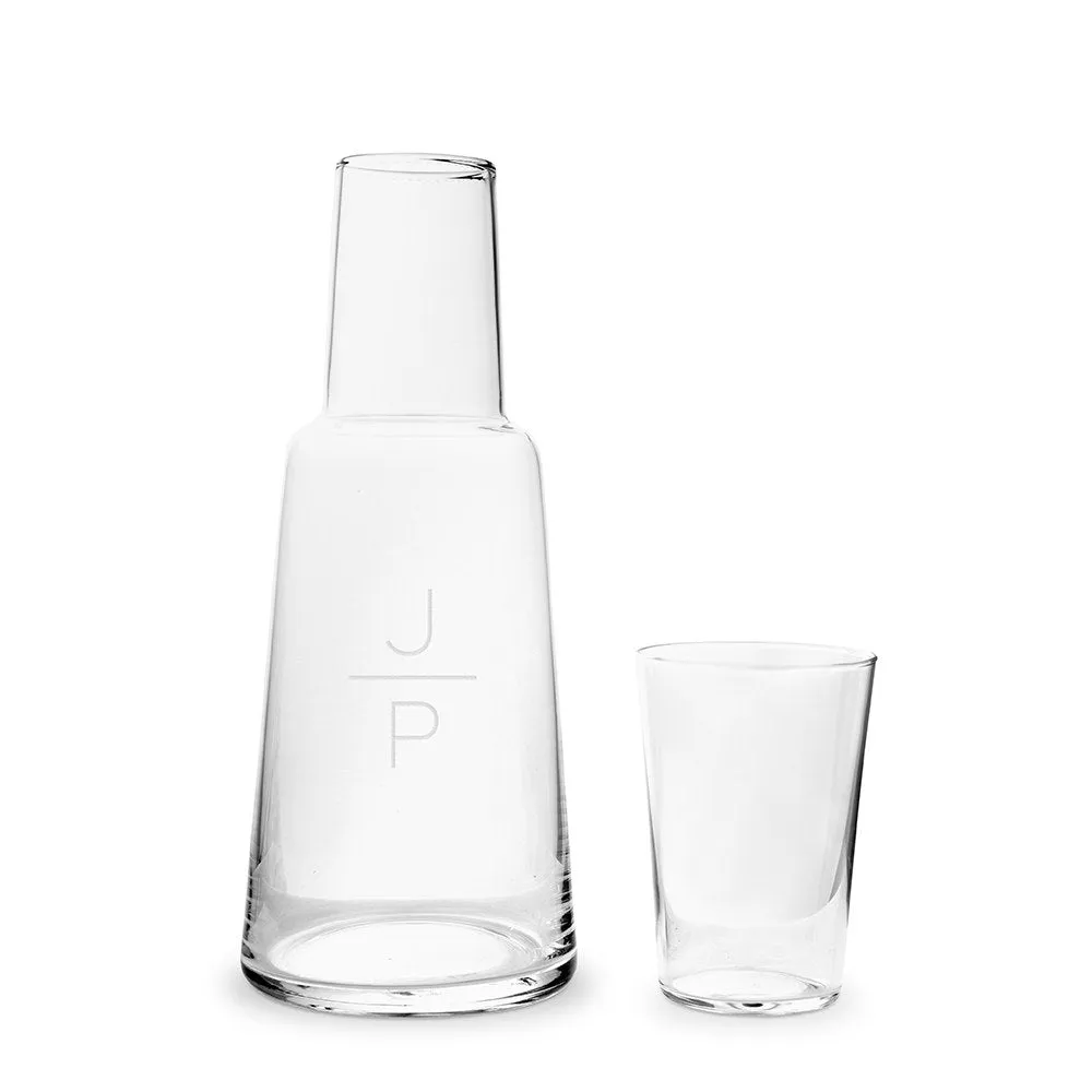 MONOGRAM ENGRAVED BEDSIDE WATER CARAFE AND GLASS SET - STACKED MONOGRAM