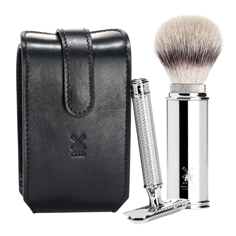 MUHLE Travel Shaving Set - Black Leather Pouch, Safety Razor, Silvertip Fibre® Shaving Brush