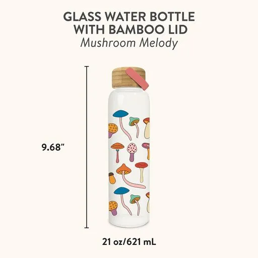 Mushroom Melody Glass Water Bottle with Bamboo Lid