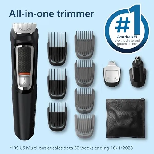 Norelco Philips Multi Groomer All-in-One Trimmer Series 3000-13 Piece Mens Grooming Kit for Beard, Face, Nose, Ear Hair Trimmer and Hair Clipper - NO Blade Oil Needed, MG3740/40