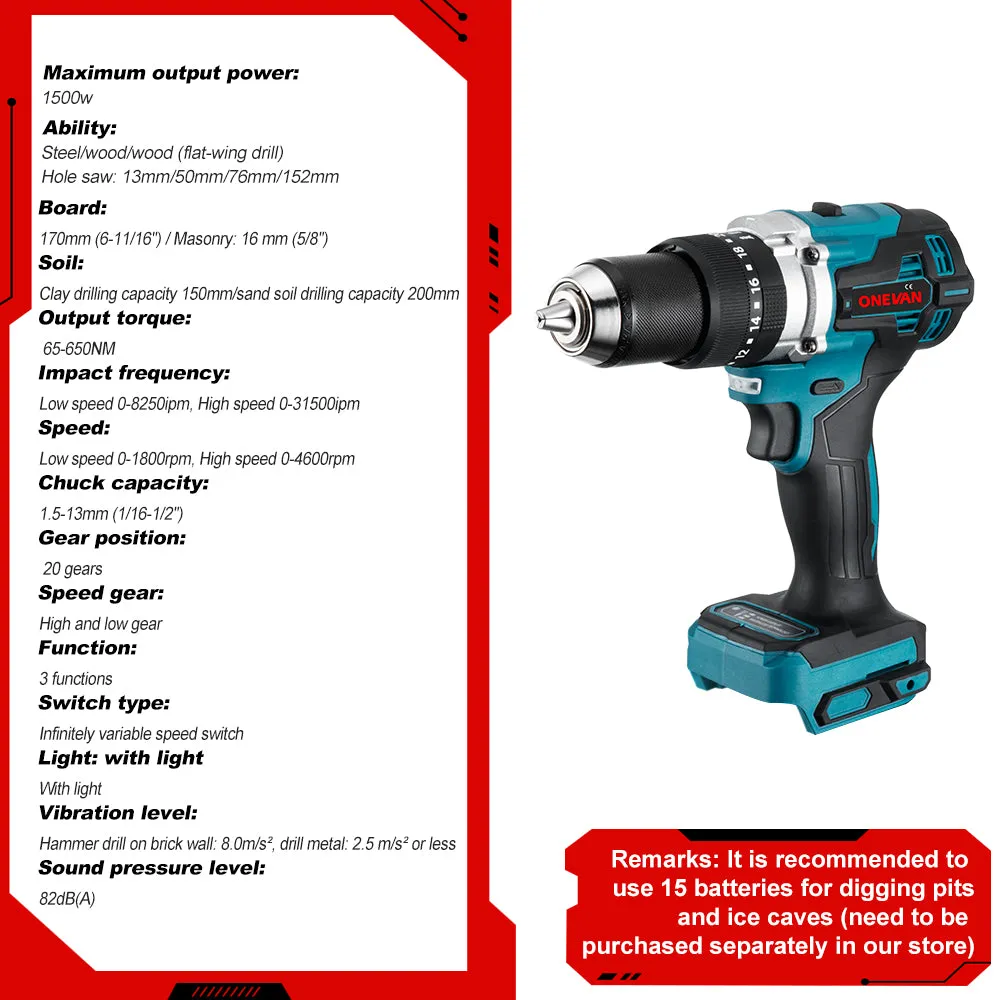 ONEVAN 1/2" 1200 Impact Wrench & 125mm Grinder & 13mm Drill & Hammer Drill Brushless Cordless 4‑Pc. Combo Kit 6.0Ah