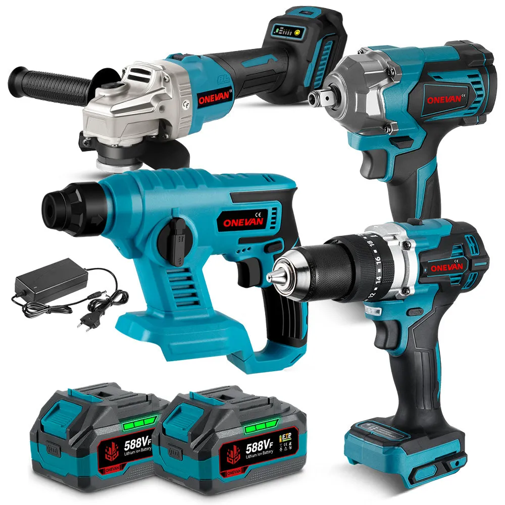 ONEVAN 1/2" 1200 Impact Wrench & 125mm Grinder & 13mm Drill & Hammer Drill Brushless Cordless 4‑Pc. Combo Kit 6.0Ah