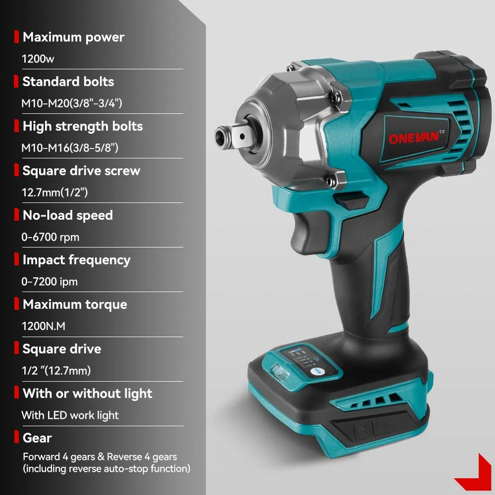 ONEVAN 1/2" 1200 Impact Wrench & 125mm Grinder & 13mm Drill & Hammer Drill Brushless Cordless 4‑Pc. Combo Kit 6.0Ah