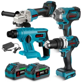 ONEVAN 1/2" 1200 Impact Wrench & 125mm Grinder & 13mm Drill & Hammer Drill Brushless Cordless 4‑Pc. Combo Kit 6.0Ah