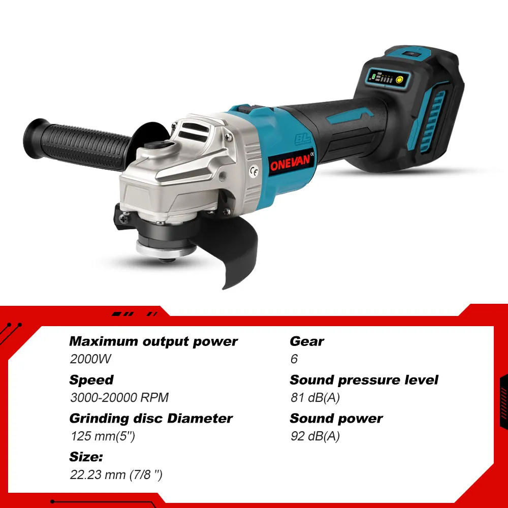 ONEVAN 1/2" 1200 Impact Wrench & 125mm Grinder & 13mm Drill & Hammer Drill Brushless Cordless 4‑Pc. Combo Kit 6.0Ah