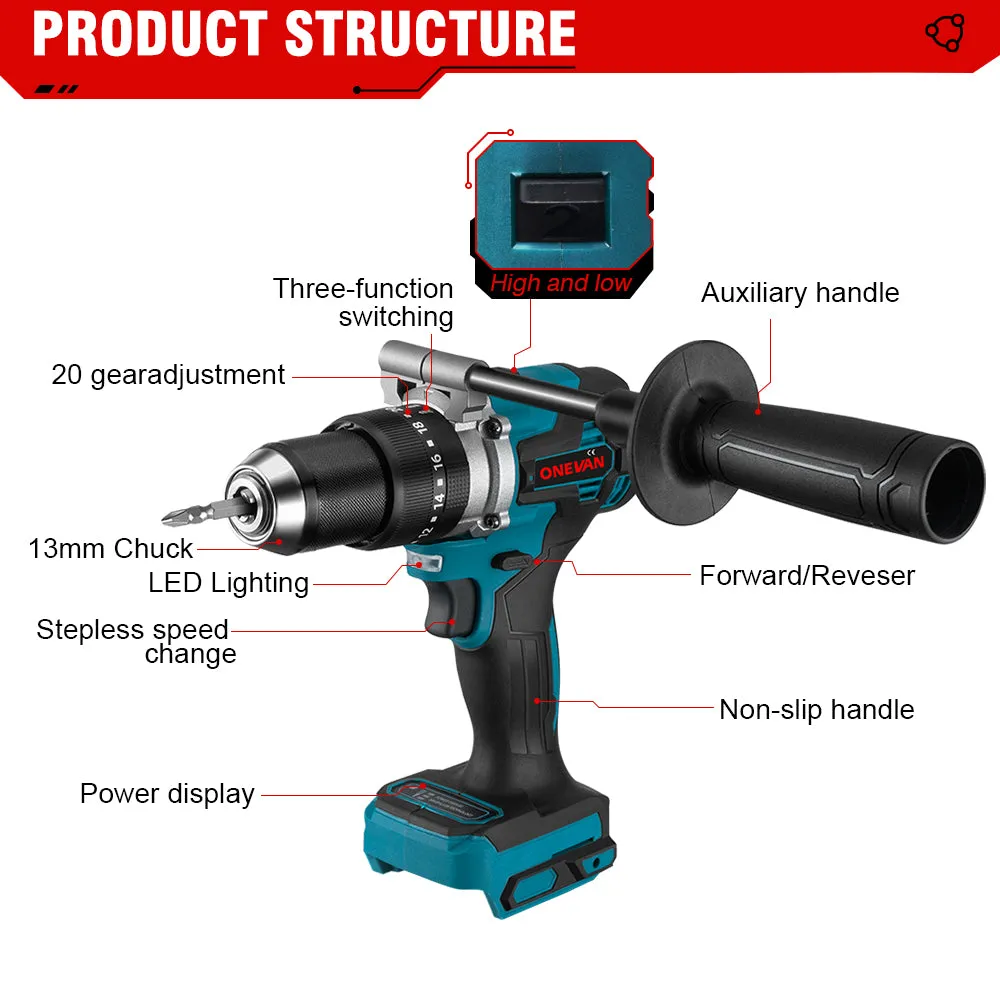 ONEVAN 1/2" 1200 Impact Wrench & 125mm Grinder & 13mm Drill & Hammer Drill Brushless Cordless 4‑Pc. Combo Kit 6.0Ah